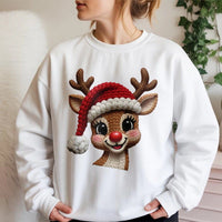 Adorable Faux Knit Rudolph Red Nose Crewneck, Reindeer Christmas Sweatshirt, Vintage Festive Holiday Sweater, Comfy Xmas Graphic Pullover