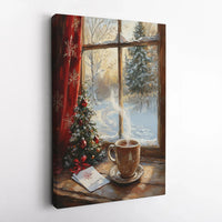 Snowy Landscape and Coffee Print, Comfy Christmas Window Canvas Wall Art, Festive Holiday Canvas Decor, Winter Season Wall Art Present for Home