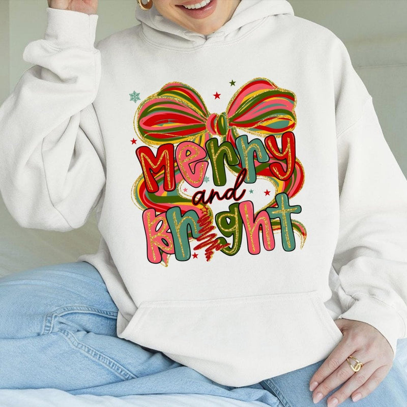 Christmas Bow Graphic Hoodie, Coquette Bow Merry and Bright Hoodie, Girly Pink Winter Aesthetic Sweatshirt, Trendy Holiday Pullover