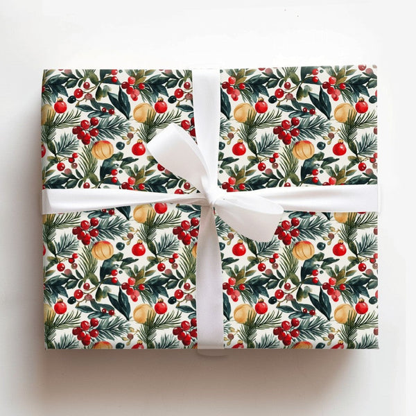 Botanical Berry Gift Wrap, Watercolor Pine Holly Christmas Wrapping Paper, Festive Holiday Wrapping Paper, Xmas Present Wrap 