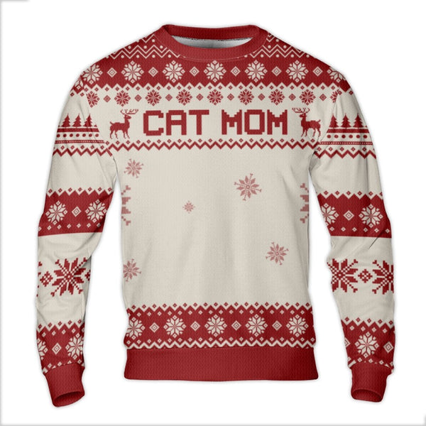 Fair Isle Reindeer Snowflake Holiday Sweater, Cat Mom Ugly Christmas Sweater, Adorable Cat Lover Crewneck, Kitten Pet Mom Xma