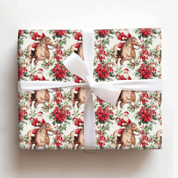 Watercolor Poinsettia Gift Wrap, Santa Riding Horse Wrapping Paper, Western Christmas Wrapping Paper, Equestrian Holiday Gift