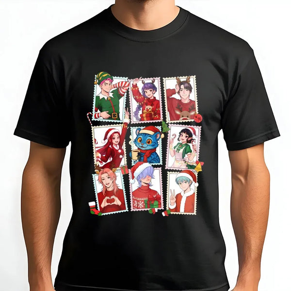 Adorable Manga Character Holiday Tee, Anime Christmas T-Shirt, Festive Otaku Xmas Shirt, Kpop Anime Graphic Shirt, Japanese M