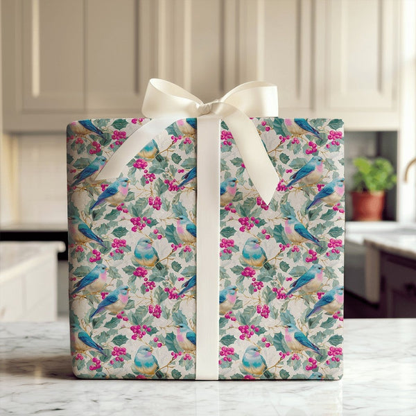 Watercolor Holly Berry Gift Wrap, Bluebird Christmas Wrapping Paper, Winter Bird Wrapping Paper Roll, Holiday Nature Gift Wra