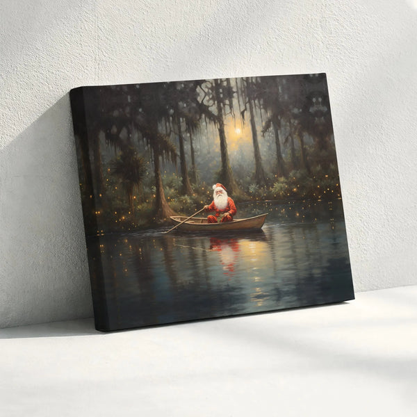 Magical Swamp Christmas Canvas Print, Santa Claus Bayou Canvas Wall Art, Southern Holiday Wall Art, Whimsical Xmas Canvas, Se