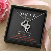 Interlocking Crystal Hearts Pendant, Double Heart Necklace, 14K White Gold Finish Heart Necklace, First Christmas Present for Wife from Husband