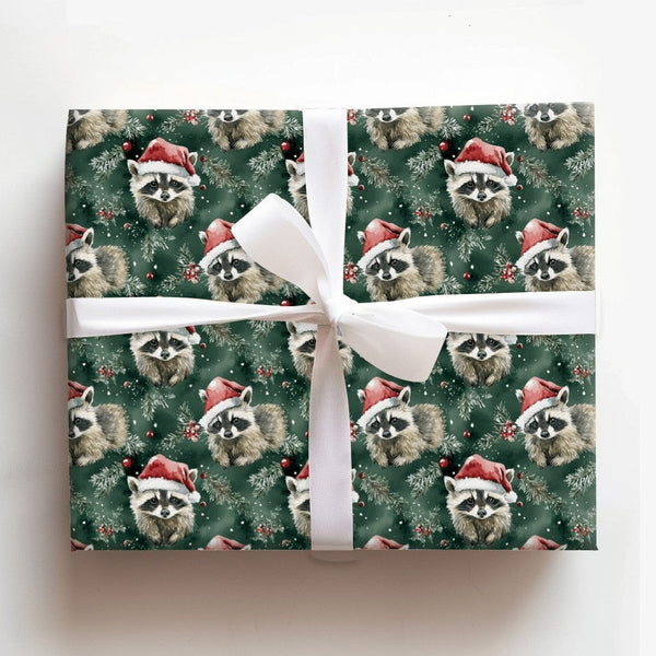 Woodland Animal Gift Wrap, Santa Hat Raccoon Wrapping Paper, Watercolor Christmas Wrapping Paper, Festive Winter Holiday Gift