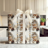 Horse Carriage Winter Gift Wrap, Victorian Street Christmas Wrapping Paper, Snowy City Watercolor Holiday Wrapping Paper, Retro Gift Wrap