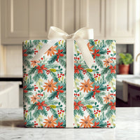 Christmas Holly Gift Wrap, Watercolor Poinsettia Wrapping Paper, Botanical Pine Wrapping Paper Roll, Festive Holiday Present Wrap Paper