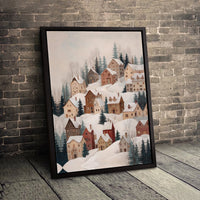 Snowy Mountain Town Landscape Canvas Print, Winter Village Canvas Wall Art, Comfy Holiday Wall Decor, Christmas Scenery Painting, Cabin Art