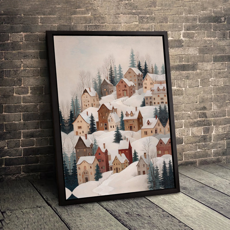 Snowy Mountain Town Landscape Canvas Print, Winter Village Canvas Wall Art, Comfy Holiday Wall Decor, Christmas Scenery Painting, Cabin Art