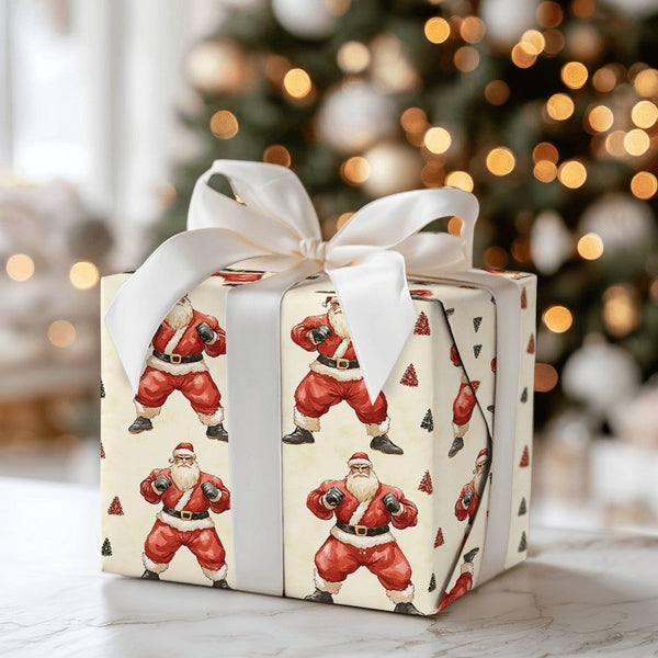 Humorous Muscular Santa Gift Wrap, Boxer Santa Wrapping Paper, Fighting Santa Christmas Wrapping Paper, Novelty Holiday Gift 