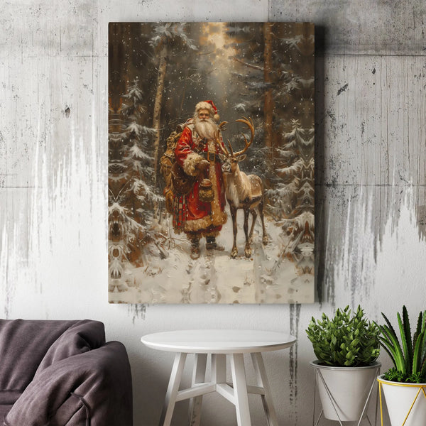 Snowy Forest Reindeer Canvas Print, Vintage Santa Claus Canvas Art, Retro Christmas Holiday Wall Art, Rustic Winter Scene Can