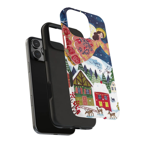 Christmas Phone Case, Folk Art Winter Village Angel Phone Case, Holiday Angel Tough Phone Case, Winter Village Aesthetic Phon