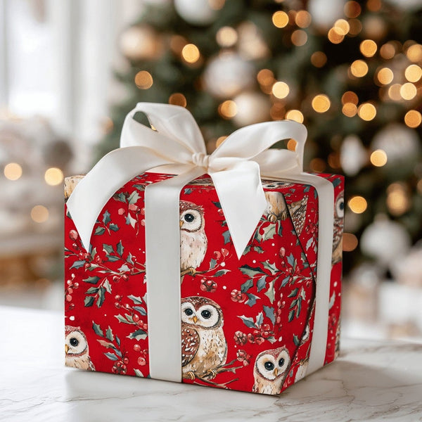 Holly Berry Christmas Gift Wrap, Winter Owl Wrapping Paper, Watercolor Woodland Bird Present Paper, Red Botanical Holiday Wra