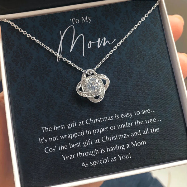 14k White Gold Mother Necklace, Love Knot Necklace for Mom, Sparkling Cubic Zirconia Pendant Necklace, Meaningful Christmas P