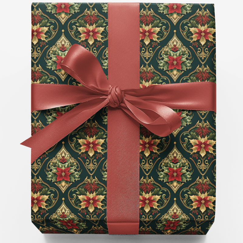 Ornate Damask Holiday Gift Wrap, Baroque Poinsettia Wrapping Paper, Emerald Christmas Wrapping Paper, Vintage Floral Gift Wrap, Xmas Wrap