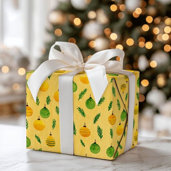 Holiday Pine Sprigs Gift Wrap, Watercolor Christmas Ornaments Wrapping Paper, Festive Xmas Wrapping Paper, Winter Botanical G