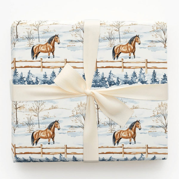 Equestrian Christmas Gift Wrap, Watercolor Winter Horse Wrapping Paper, Rustic Snow Scene Present Wrap, Horse Lover Holiday W