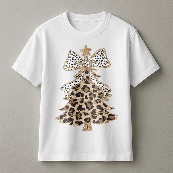 Festive Polka Dot Bow Shirt, Leopard Print Christmas Tree T-Shirt, Adorable Winter Holiday Graphic Tee, Retro Xmas Tree T-Shi