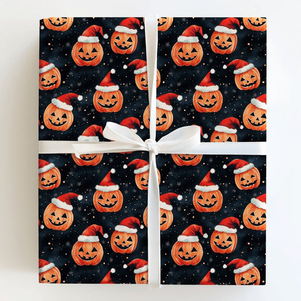 Halloween Christmas Gift Wrap, Jack-o'-Lantern Santa Hat Wrapping Paper, Spooky Holiday Wrapping Paper, Pumpkin Xmas Present 