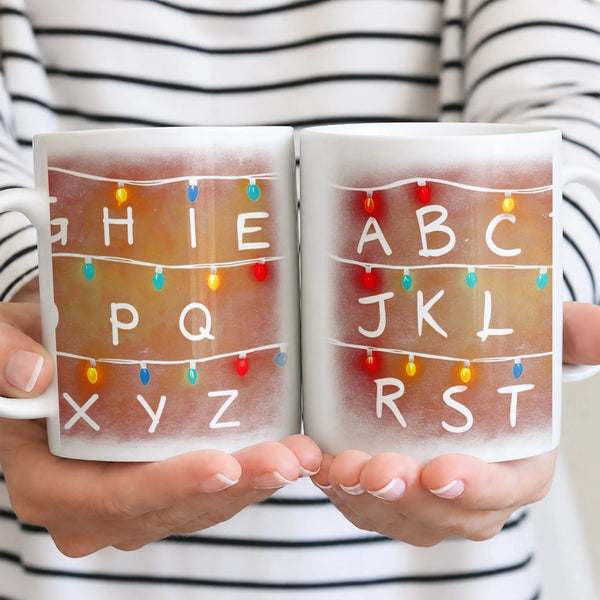 Festive Holiday String Lights Ceramic Mug, Christmas Lights Alphabet Mug, Merry Teacher Christmas Coffee Mug, Adorable Winter