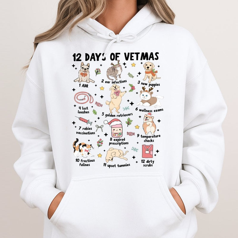 Humorous Vet Tech Christmas Hoodie, 12 Days of Vetmas Hoodie, Veterinary Staff Graphic Sweatshirt, Animal Clinic Holiday Hooded Pullover