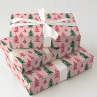Festive Holiday Gift Wrap Paper, Pink Watercolor Christmas Tree Wrapping Paper, Modern Pastel Christmas Wrapping Paper Roll Present Wrap