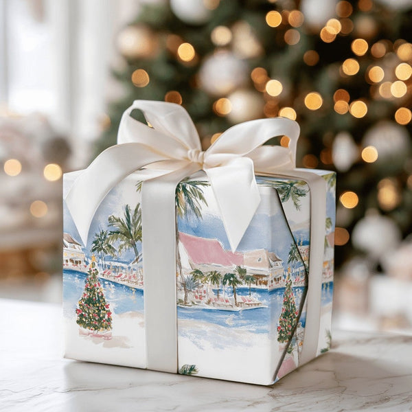 Coastal Resort Watercolor Gift Wrap, Tropical Beach Christmas Wrapping Paper, Ocean Palm Tree Wrapping Paper Roll