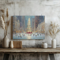 Ice Skating Christmas Tree Print, Winter Cityscape Canvas Art, Festive Holiday Town Wall Decor, Snowy City Scene Canvas Art Present