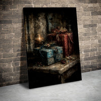 Holiday Candlelight Canvas Wall Art, Christmas Still Life Canvas Print, Festive Gift Box Painting Canvas, Comfy Winter Home Decor Present