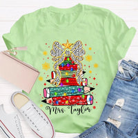 Custom Name Pencil Snowflake Tee, Personalized Teacher Christmas Tree Shirt, Holiday Teacher T-Shirt, Christmas Teacher Present