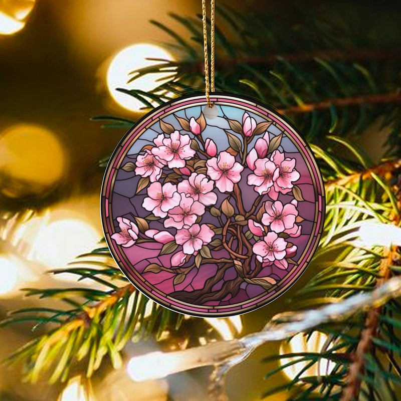 Floral Art Christmas Ornament, Stained Glass Cherry Blossom Ceramic Ornament, Elegant Botanical Tree Ornament, Nature Lover Present Decor