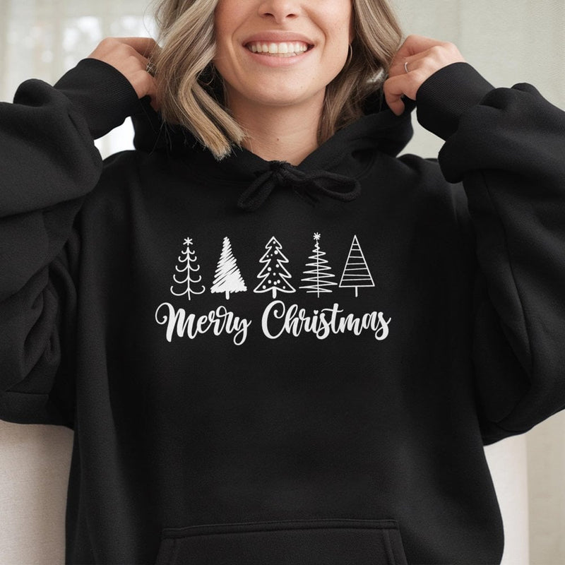 Festive Sketch Line Art Hooded Sweatshirt, Minimalist Christmas Tree Hoodie, Merry Christmas Comfy Pullover, Adorable Holiday Aesthetic Jumper