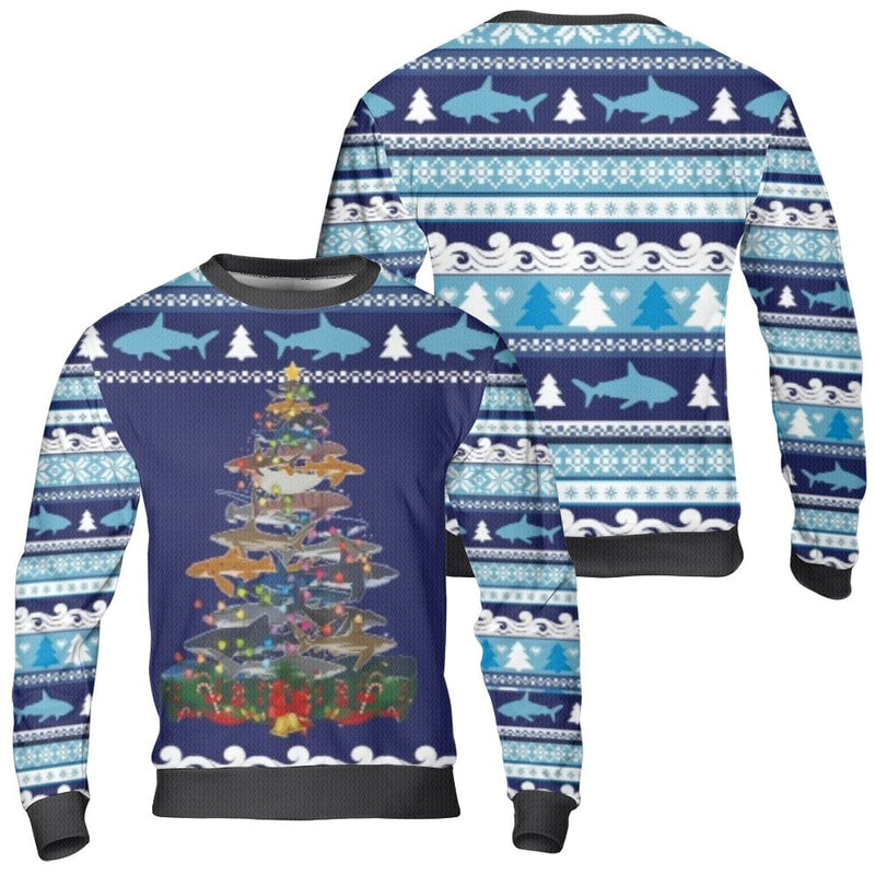 Humorous Marine Life Ugly Sweater, Shark Christmas Tree Ugly Sweater, Ocean Animal Holiday Sweater, Sea Life Christmas Ugly Sweater Pullover