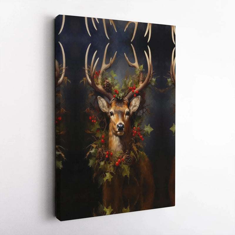 Rustic Holly Pinecone Wreath Canvas Print, Christmas Deer Canvas Wall Art, Holiday Farmhouse Deer Canvas, Winter Wildlife Animal Wall Decor