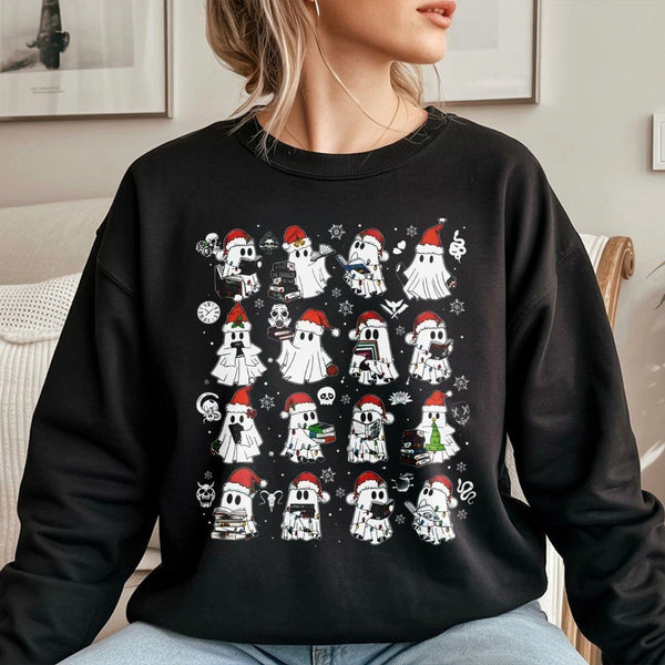 Spooky Book Lover Graphic Crewneck, Christmas Ghost Reading Sweatshirt, Comfy Bookish Holiday Sweater, Reader Romance Xmas Pu