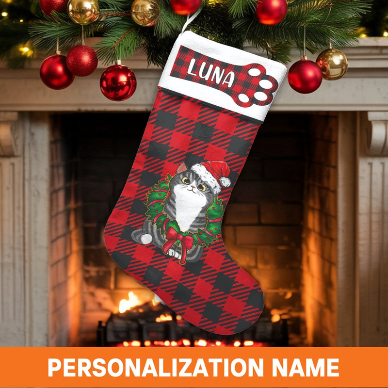 Grey Tabby Kitten Holiday Stocking, Personalized Cat Christmas Stocking, Santa Hat Wreath Pet Stocking, Custom Cat Lover Christmas Present