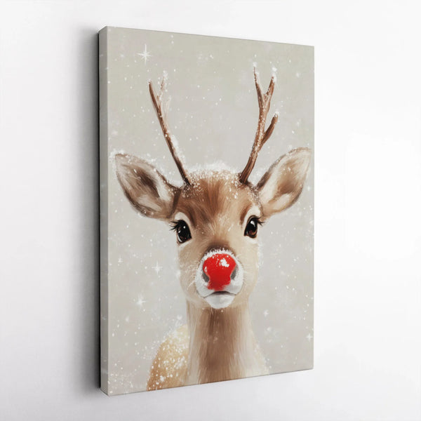Adorable Winter Animal Portrait Canvas Print, Red Nosed Reindeer Christmas Holiday Canvas Wall Art, Festive Xmas Deer Canvas 