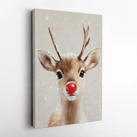 Adorable Winter Animal Portrait Canvas Print, Red Nosed Reindeer Christmas Holiday Canvas Wall Art, Festive Xmas Deer Canvas Art, Home Decor