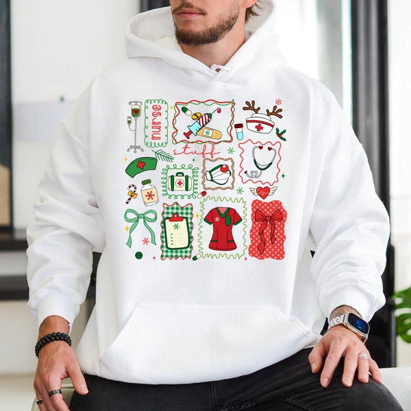 Festive Medical Holiday Graphic Sweatshirt, Christmas Nurse Hoodie, RN LPN Nursing Student Pullover, Adorable Hospital Christ