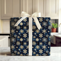 Navy Blue Winter Holiday Gift Wrap, Gold Snowflake Wrapping Paper, Luxury Snowflake Wrapping Paper, Elegant Christmas Present Paper Roll