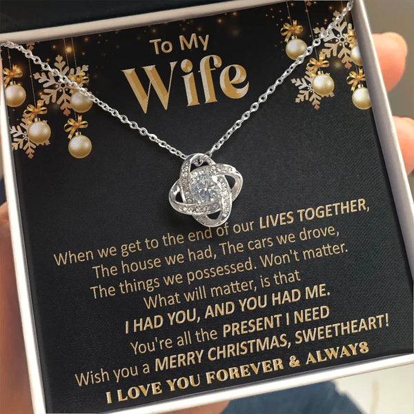 Christmas Message Card Jewelry Necklace, Wife Love Knot Necklace, 14k White Gold over Stainless Steel Necklace, Romantic Holi