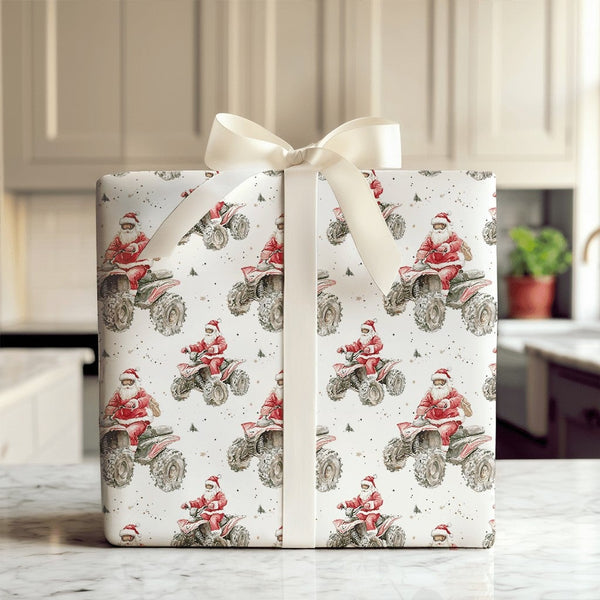 Off Road Quad Christmas Gift Wrap, Santa Riding ATV Wrapping Paper, Humorous Four Wheeler Holiday Wrapping Paper, Outdoor Spo