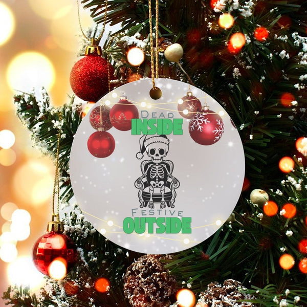 Sarcastic Christmas Ornament, Dead Inside Festive Outside Skeleton Ornament, Humorous Santa Hat Ceramic Ornament, Holiday Kee