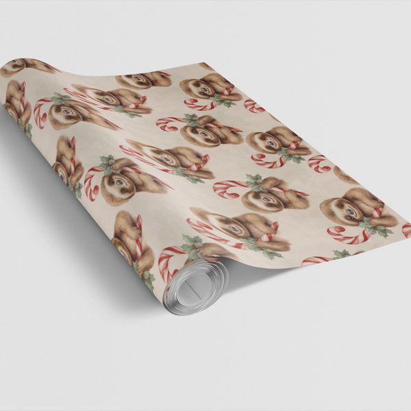 Adorable Sloth Gift Wrap, Christmas Sloth Wrapping Paper, Watercolor Candy Cane Wrapping Paper, Holiday Sloth Gift Wrap, Wint