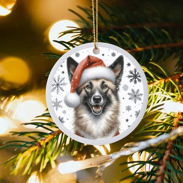 Santa Hat Dog Ceramic Ornament, Norwegian Elkhound Christmas Ornament, Holiday Tree Keepsake Ornament, Present for Elkhound L