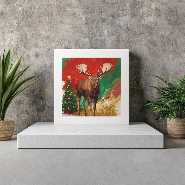 Modern Holiday Wildlife Painting Print, Christmas Moose Canvas Wall Art, Rustic Winter Cabin Canvas Decor, Festive Square Can