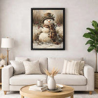 Vintage Winter Holiday Canvas Wall Art, Rustic Snowman Canvas Print, Farmhouse Christmas Canvas Painting, Festive Seasonal Decor Present