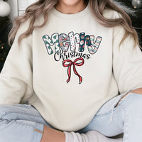 Festive Pattern Bow Sweatshirt, Merry Christmas Sweatshirt, Holiday Red Bow Crewneck, Adorable Xmas Graphic Sweatshirt, Winter Holiday Present
